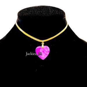 💙❤️ Gold Necklace Choker with Pink Jade Heart Pendant